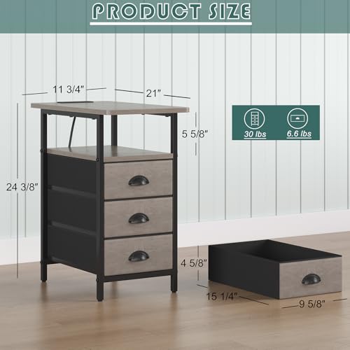 sthmec End Table with Charging Station, Side Tables Livingroom with USB Ports and Outlets,Narrow Nightstands Bedside Tables with 3 Drawers for Small Space,Slim Sofa Table Bedroom,Grey - color: Grey, size: 11.75'' W*21'' D* 24.3'' H, style: Power