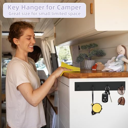 VIS'V Key Holder Wall Mount, Large Metal Self Adhesive Key Hanger with 4 Hooks, No Drilling, Extra Adhesive Strip, Black - color: Black