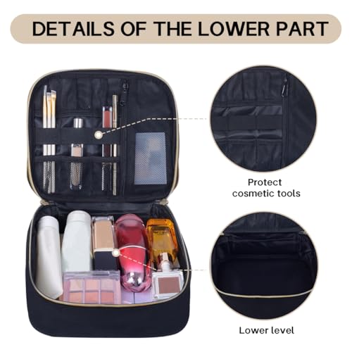 Double Layer Makeup Bag Portable Large Cosmetic Case Organizer with Adjustable Dividers Storage Travel Bag for Accessories Brushes Conditioner and Skin Care Products (Black) - color: Black