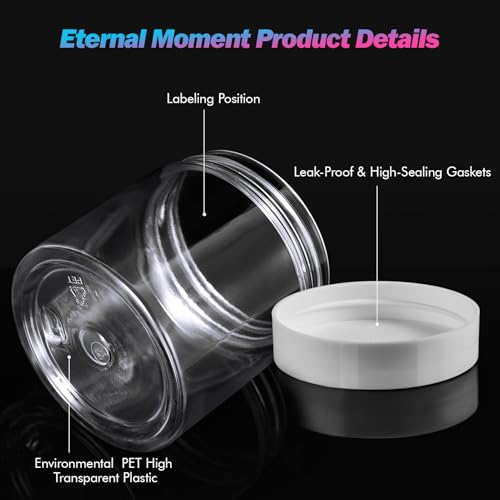 50 Pack 4 OZ Plastic Jars Round Clear Cosmetic Container with White Lids, Eternal Moment Slime Jars for Lotion, Cream, Ointments, Makeup, Eye shadow, Rhinestone, Samples, Pot, Travel Storage - color: White Lid, size: 4 Ounce