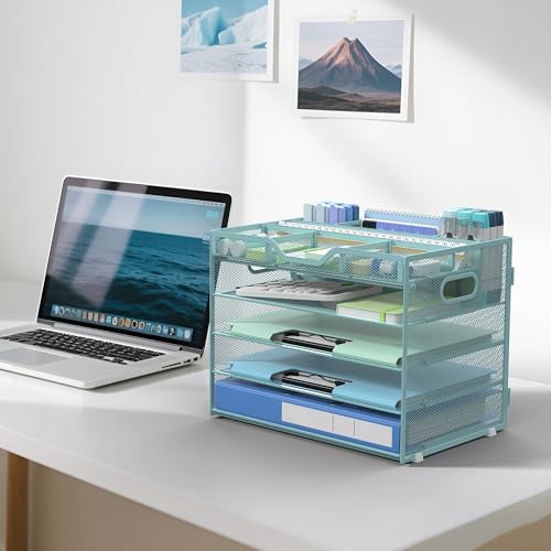Docnest 5 Tier Mesh Desk Organizer- Letter Tray with Adjustable Compartments, Mesh Desktop Storage Built in Pen Holder and Handles, Desk Organizer Tray for Mail Documents Office Supplies-Blue - color: Blue
