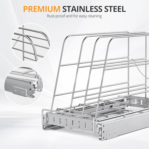 Pull Out Cabinet Organizer for Cutting Board, Cookie Sheet, Baking Sheet, Stainless Steel Sliding Rack for Bakeware & Trays, Heavy-Duty Cutting Board Organizer (9” x 16.5” (22.8 x 41.8 cm)) - style: 9”W x 16.5”D (22.8 x 41.8 cm)