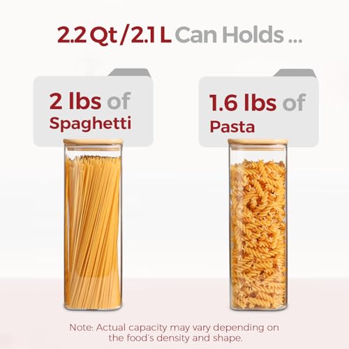 Rectangle Glass Storage Containers with Lids, Glass Jars with Bamboo Lids for Spaghetti, Pasta, Kitchen Pantry Storage Containers (2 pack 2.2qt) - size: 2 pack（2.2qt）