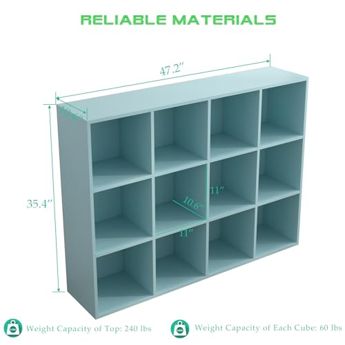 OSCHF 12-Cube Storage Shelf Bookcase - Wooden 3-Tier Floor Standing Open Bookshelf for Home and Office, Display Cabinet, Light Blue - color: Light Blue, size: 12-Cube