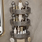 VOLPONE Corner Shower Shelf Suction Cup Shower Caddy Corner No Drilling Bathroom Shower Organizer Storage Rack Adhesive with Towel Bar (3-Pack, Gray) - style: Suction Cup Triangle with Towel bar 3 Tier Gray