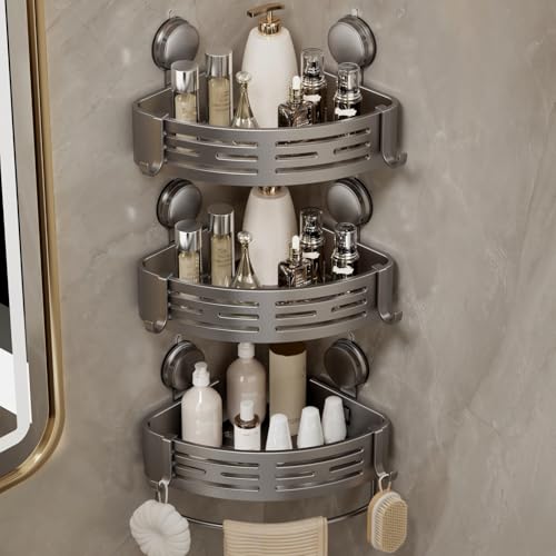 VOLPONE Corner Shower Shelf Suction Cup Shower Caddy Corner No Drilling Bathroom Shower Organizer Storage Rack Adhesive with Towel Bar (3-Pack, Gray) - style: Suction Cup Triangle with Towel bar 3 Tier Gray