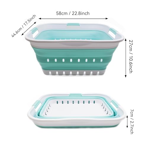 SAMMART 42L (11 gallon) Collapsible Plastic Laundry Basket - Foldable Pop Up Storage Container/Organizer - Space Saving Hamper/Basket (1, White/Lake Green) - color: White/Lake Green