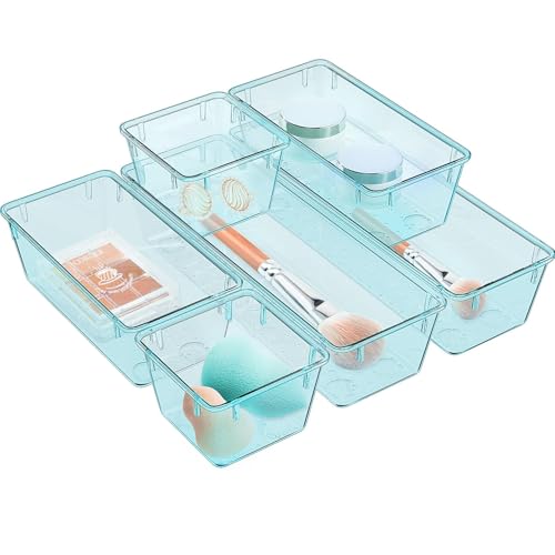 WOWBOX 6 Pack Clear Drawer Organizer Set, Acrylic Drawer Storage Trays, Storage Bins for Makeup, Cosmetics, Jewelries, Utensils, Gadgets, Office, Sea Blue - color: Sea Blue, size: 6 PCS