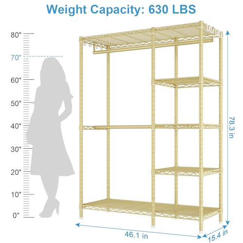 Ulif F2 Clothes Rack, 5 Tiers Heavy Duty Garment Rack for Bedroom, Freestanding Adjustable Closet Storage Organizer, 46.1" W x 15.4" D x 78.3" H, Load 630lbs, Upgraded Gold - color: Gold