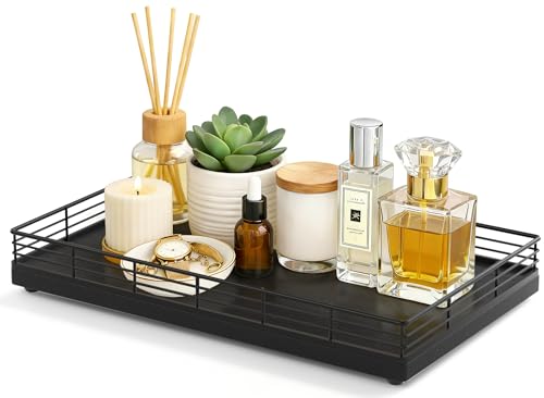 Large Bathroom Vanity Tray – 13" x 8" Oak Decorative Wooden Tray for Bathroom Countertop & Vanity Organizer, Rectangular Wood Tray for Perfume, Skincare, Storage, Vanity Dresser Counter Decor, Black - color: Black, size: 13" x 8" x 2"