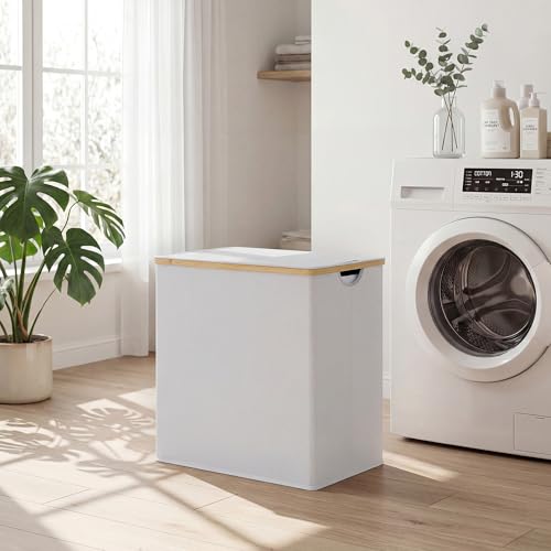 efluky Laundry Hamper with Lid, Double Laundry Hamper with 2 Removable Bags, 2 Section Laundry Basket with Bamboo Handles for Bathroom, Bedroom & Laundry Room, 140L (36.9 Gallon) Light Grey - color: Light Grey, size: 140L Dual