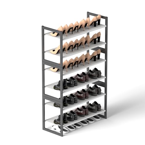 6-Tier Shoe Rack Organizer, Zero-Wobble Metal Frame with Screw-Fastened Joints, 11.8" Deep Heel-Friendly Non-Woven Shelves, Stackable Shoe Storage for Closet & Entryway - size: 6-Tier