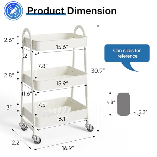 OLIXIS Metal 3 Tiers Utility Rolling Cart, Mobile Storage Shelf with Lockable Caster Wheels, Organization for Livingroom, Bathroom & Narrow Places, White - color: 3-tiered White, size: 3-Tiered 17 inches