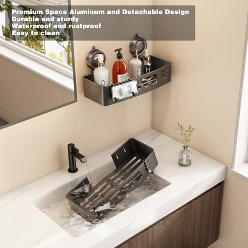 Voldra Shower Caddy Suction Cup, Shower Shelves for Inside Shower No Drilling, Aluminum Suction Showers Organizer for Wall with Towel Bar & Hooks Removable Bathroom Storage Rack(2 Pack-Gray) - color: Grey-Rectangle, size: 2 Pack