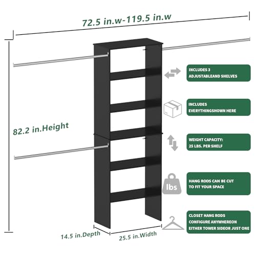 ROOMTEC Closet System, 25.5" Wide Wall-Mounted Closet Organizer Kit with Wood Storage Tower and 3 Hanging Rods, Wardrobe Closet System for Walk-In Closets, Black - color: Black, size: 25.5 Inch