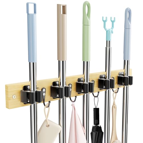 Mop and Broom Holder Wall Mount - Bamboo Broom Mop Hanger - Wall Mounted Garden Tool Rack Organizer for Closet Garage Laundry Room Kitchen Decor With 5 Slots & 4 Hooks (Bamboo) - color: Bamboo
