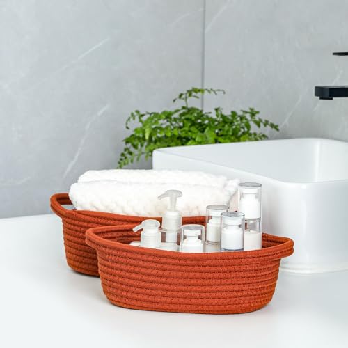 CubesLand Small Cotton Rope Storage Basket Set 5, Shelves Baskets for Organizing with Handle, Decorative Closet Storage Bins for Countertop Toilet Paper Basket for Toilet Tank Top,Rust Basket - color: Rust