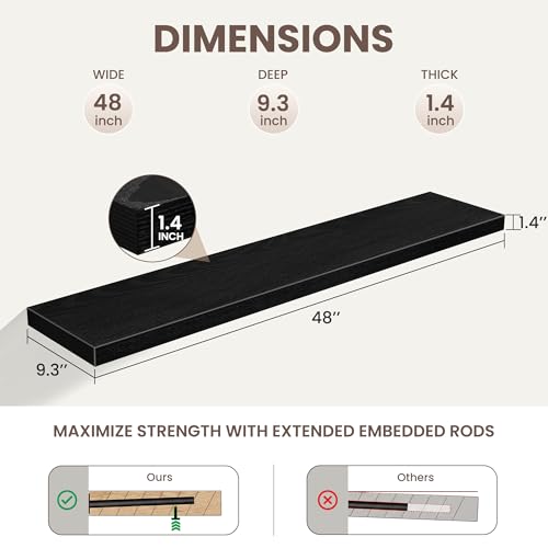 Floating Shelves for Wall,48 Inch Wall Mounted Rustic Wood Shelves,9.3" Deep Wall Shelf with Invisible Brackets,Large Deep Floating Shelf for Bathroom,Bedroom,Living Room,Book/Storage/Decor,Black - color: Black, size: 48 Inch,Set of 2