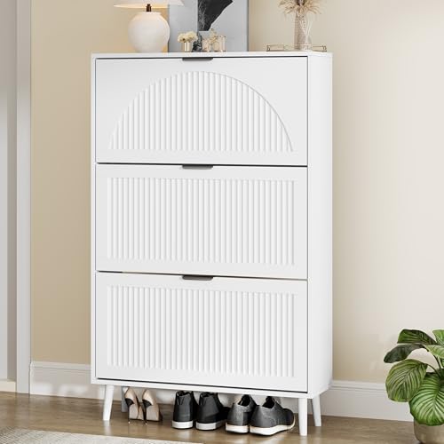Shoe Storage Cabinet with 3 Flip Drawers, Narrow Wood Shoe Organizer Cabinet with Fluted Panel, Slim Shoe Rack for Entryway, Freestanding Shoe Cabinet for Living Room, Hallway, White - color: White, size: 3-Drawers