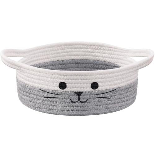 Cute Cat Toy Basket, Gift Baskets Empty for Home Decor, Baby Basket for Baby Shower, Small Cotton Rope Baskets for Pets Toys, White & Grey, 9.8 x 4 inches - color: White & Grey, size: 9.8"W x 4"H