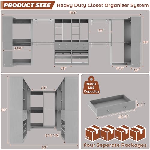 Besiost Closet System with 4 Drawers & Corner Tower, Closet Organizer System with 10 Hanging Robs, Reversible U Shaped Walk-in Closet System, Load 3600+LBS Capacity, Set of 4, Morandi Grey - color: Morandi Grey, size: 181" * 31.5"