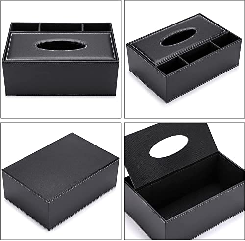 PU Leather Tissue Box Cover - Multifunctional Tissue Box Holder with Stationery Remote Control Box - Elegant and Stylish Home Napkin Holder Desktop Tissue Paper Holder Desk Storage Organizer (Black)