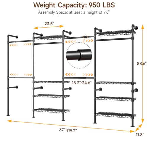 ONBRILL H4 Wall Mounted Closet System, Expandable Industrial Pipe Clothes Rack Clothing Rack for Hanging Clothes, Heavy Duty Closet Organizers and Storage in Wardrobe Closet - color: Black