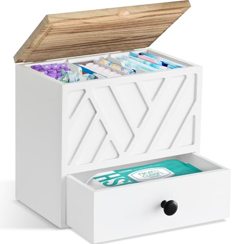 Tampon Holder for Bathroom Decor, Feminine Product Organizer with Lid and Drawer, Shark Week Tampon Storage, Wood Pad and Tampon Organizer for Toilet Organizer, Bathroom Accessories Box for Girl Stuff - color: White