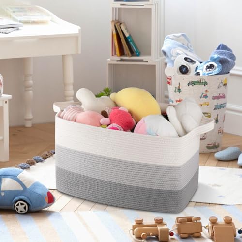 OIAHOMY Large Blanket Basket, 65L Cotton Rope Woven Laundry Basket, Toy Bin for Baby Room, Container for Blanket Storage in Living Room, 20''×16''×12'', Gradient Grey - color: Gradient Grey, size: 65L