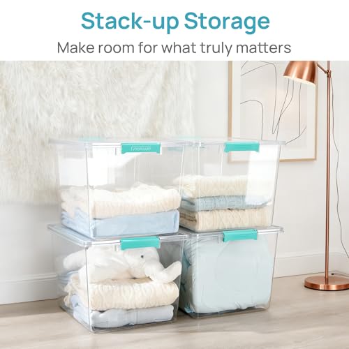 Vtopmart 2 Pack 72 QT Crystal Clear Storage Bins with Lids, 4 Pack Stackable Plastic Large Latching Boxes Totes Tubs Container for Closet Organizers and Storage, Bedroom, Clothes, Bedding - color: Teal, size: 72 Qt