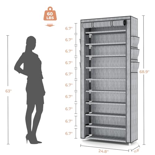 VTRIN Vertical Narrow Shoe Rack Organizer Tall Shoe Rack for Closet Entryway 10 Tier Non-Woven Cover Shoe Shelf Holds 36-41 Pairs Free Standing Shoe Storage Cabinet with Dustproof Cover, Multi Color - color: Multi Colo, size: 24.8"W x11.8"D x 68.9"H