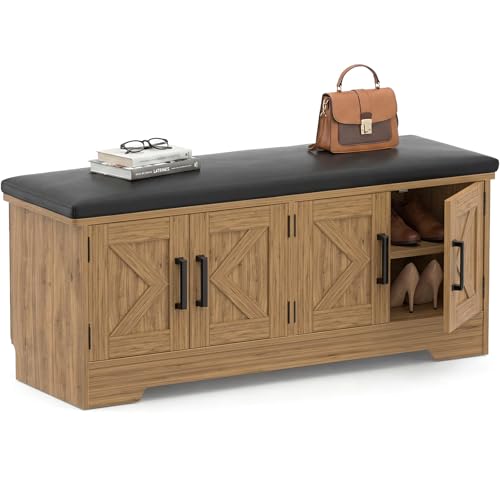 Farmhouse Shoe Storage Bench with Cushion - 43.3" Entryway Bench with Storage & 4 Barn Doors, 2-Tier Wooden Shoe Rack Bench, Shoe Cabinet & Mudroom Bench for Bedroom Hallway Living Room, Brown Oak - color: Greige