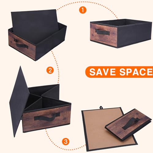 JAKAGO Fabric Storage Bins set of 4 Rectangle Storage Baskets with Handle Foldable Closet Organizer for Clothes Towel bedding Books Collapsible Clothing Container for Shelves Bedroom(Wood Low)