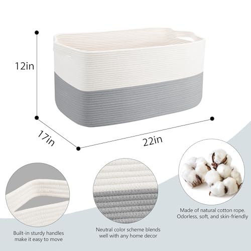 MEGASKET Extra Large Laundry Basket, Rectangle Woven Cotton Rope Storage Basket with Handles, Wicker Laundry Hamper, Farmhouse Storage Bin for Blankets Clothes Toys, Grey, 22" x 17" x 12" - color: White & Gray, size: 22"x17"x12"