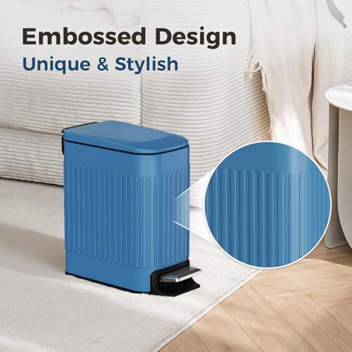 TrashAid Slim Bathroom Trash Can with Lid Soft Close, 6 Liter/1.6 Gallon Stainless Steel Small Garbage Can with Removable Inner Bucket, Step Pedal, Slim Wastebasket for Toilet, Office, Bedroom, Blue - color: Blue