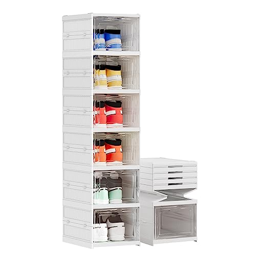 Shoe Storage Organizer Box 6-Tier Foldable Collapsible Stackable Shoe Rack Bins, Fit Size 12, No Assembly, for Men and Women