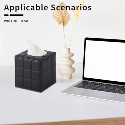 Tissue Box Cover Square Tissue Box Holder PU Leather Facial Organizer with Magnetic Bottom,Decorative Napkin Caddy for Vanity Dresser Night Stand Table Countertop Home Office Car,Black - color: Square Tissue Box-black Grid