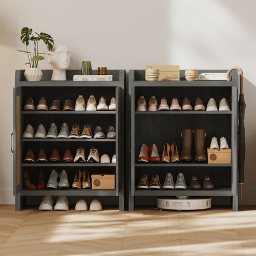 Mericonia Shoe Cabinet Storage for Entryway, Natural Rattan Shoes Cupboard, Wooden Shoe Rack with Doors and Shelves, Farmhouse Boho Wood Shoe Organizer Cabinet for Hallway Black - color: Black, size: 5-tier