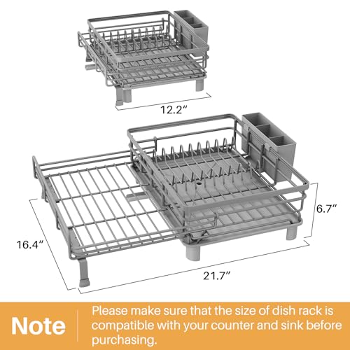SNTD Dish Drying Rack - Extendable Dish Rack, Large Sink Drying Dish Drainer for Kitchen Counter, Stainless Steel Dish Strainer with Utensil Holder (Grey) - color: Gray