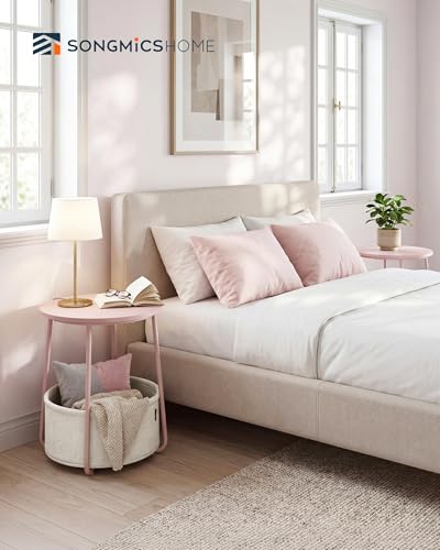 SONGMICS HOME Small Side Tables, Round End Tables, 2 Tier Nightstands with Basket, U Shaped Steel Legs, Easy Assembly, for Living Room, Bedroom, Set of 2, Pink and White - color: Pink + White, size: 2 pack