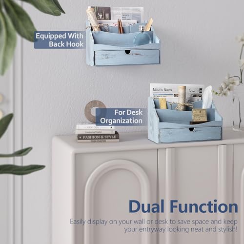 Rebee Vision Pine Wooden Mail Organizer for Desk - Rustic Farmhouse Mail Holder for Desk Organization with Drawer & Dividers - 4-Slot Letter Sorter, File Storage & Home Office Decor (Blue) - color: B-Blue