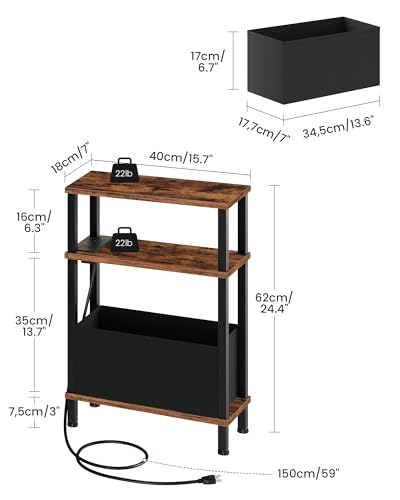 CHOEZON Small Narrow Side Table with Charging Station, Skinny End Table with Fabric Basket, Slim Nightstand for Small Spaces, Sofa Side Table, for Living Room, Bedroom, Rustic Brown and Black TBZ07UBF - color: Rustic Brown + Black
