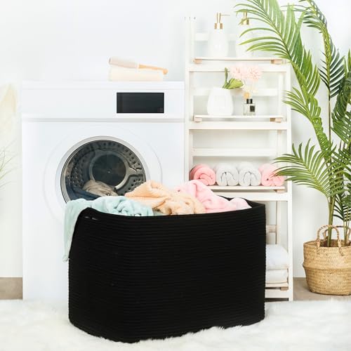 MINTWOOD Design 112L Extra Large Blanket Basket Holder Living Room, 25"x17"x16" Rectangle Rope Woven Storage Basket with Handles for Laundry, Pool Towels, Shoes, Dog Toy Organizer Bin Box, Black - color: Black