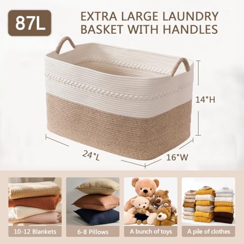 Extra large laundry basket woven from natural cotton rope with handles storage blankets for living rome big decorative quilted baskets for clothes toys pillows hamper 24"x16"x14" white/brown - color: white/Brown, size: 87L 24"x16"x14"