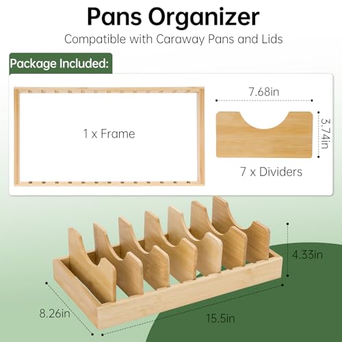Pan Organizer Compatible with Caraway, Pots and Pans Organizer Under Cabinet, Bamboo Pot Lid Organizers with Adjustable Dividers, U-Shaped Lid Slots, Ideal for Kitchen Countertop and Cabinet Storage