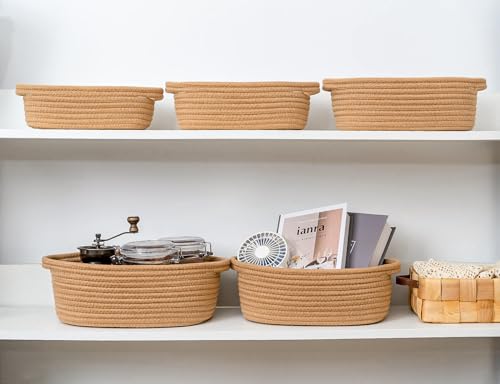 CubesLand Small Cotton Rope Storage Basket Set 5, Shelves Baskets for Organizing with Handle, Decorative Closet Storage Bins for Countertop Toilet Paper Basket for Toilet Tank Top,Brown Basket - color: Tan Brown