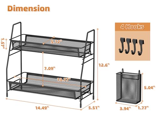 VITVITI 2-Tier Bathroom Organizer Countertop, Metal Wire Mesh Bathroom Counter Organizer Storage with Basket Hooks, Vanity Tray Shelf, Kitchen Spice Rack, Black - color: Large Black Wire Mesh