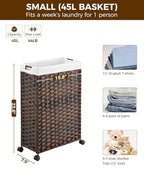 Greenstell Laundry Hamper with Wheels, 11.9 Gallon (45L) Small Clothes Hamper with 2 Removable Liner Bags & 2 Mesh Bags, Slim Rattan Laundry Basket for Bathroom, Bedroom, Brown - color: Brown, size: 45L (15.8 x 7.9 x 23.6 inches)
