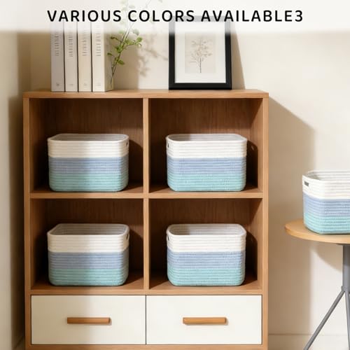 4 Pack Storage Baskets for Organizing, 12''Lx9''Wx8''H Woven Baskets for Storage Toys, Towels, Books, and Clothes, Cotton Rope Basket for Shelves with Handle (White & Blue) - color: White & Blue