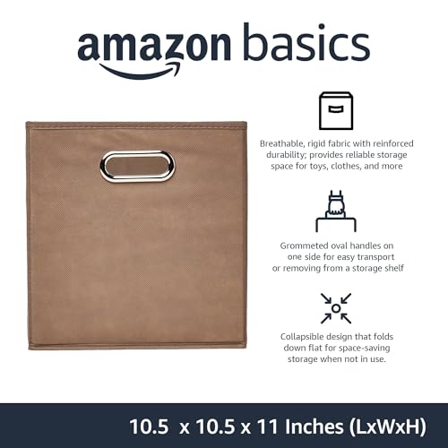 Amazon Basics Collapsible Fabric Storage Bins with Handle, Sturdy Space-Saving Cube Organizer, 10.5" x 10.5" x 11", Taupe, 6-Pack - color: Taupe, size: 6-Pack
